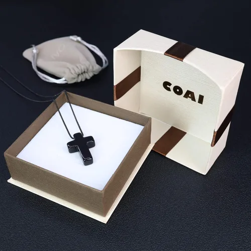 Vista 7 de COAI Collar con colgante de cruz de piedra de obsidiana de joyería religiosa