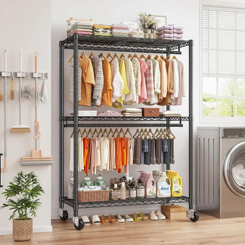 Vista 6 de Raybee Perchero de ropa de 45 pulgadas de ancho para colgar ropa, perchero con ruedas y pies ajustables, carga máxima de 440 libras, color negro
