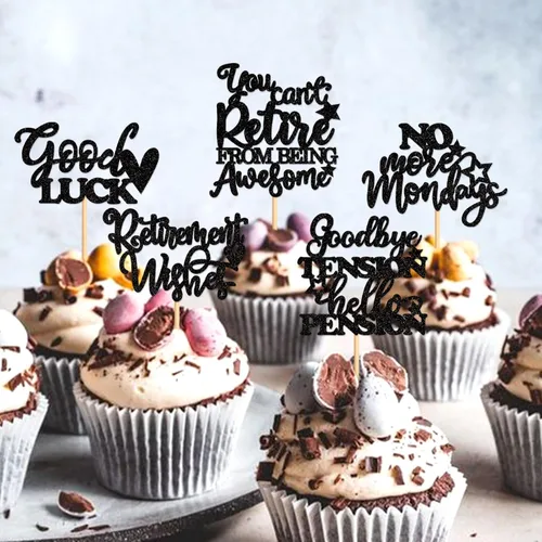 Vista 2 de 25 piezas de adornos negros con purpurina para cupcakes de buena suerte, no más lunes, deseos de jubilación, despedidas, tensión, hola, pensión