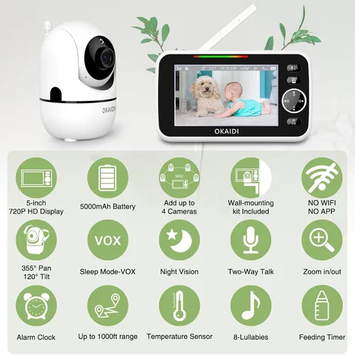 Vista 2 de OKAIDI Monitor de bebé HD de 5 pulgadas con cámara y audio, pantalla de 720P, batería de 5000 mAh, panorámica e inclinación remota, zoom 3X, visión