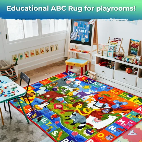 Vista 3 de QUOKKA Alfombra de aula para niños, alfombra ABC de 79 x 60 para sala de juegos, alfombra de aprendizaje del alfabeto para dormitorio, alfombra