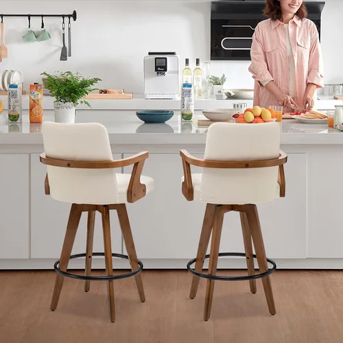 Vista 6 de MEKLIBA Taburetes de bar de 26” de altura de mostrador, Silla de bar tapizada en cuero, Taburetes giratorios con respaldo y brazos, Juego moderno