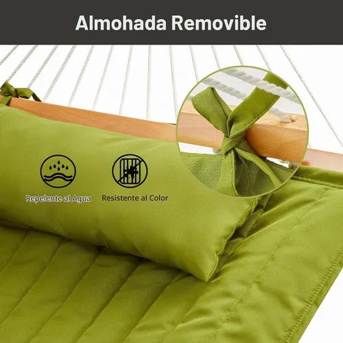 Vista 7 de CHULIM Hamaca doble para exterior con barras separadoras de madera dura, hamaca grande de cuerda con almohada de poliéster y cojín, capacidad de 475