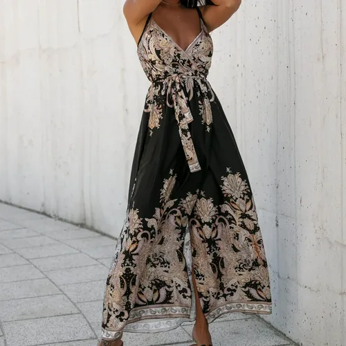 Vista 5 de Vestido largo bohemio con estampado floral para mujer, con tirantes delgados, cuello en V, lazo en la cintura, fiesta en la playa, vestido largo