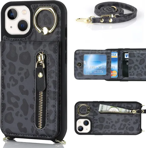 Vista 2 de Funda para iPhone 13 mini con tarjetero y correa para mujer, bolsa cruzada con soporte de anillo con cremallera para Apple 13mini, leopardo negro