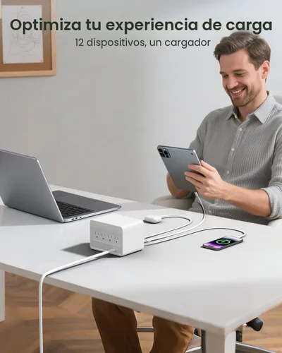 Vista 4 de Gitryin Estación de carga de escritorio 12 en 1 con 3 cargadores retráctiles tipo C y 1 cargador Lightning, concentrador de carga USB-C de 160 W