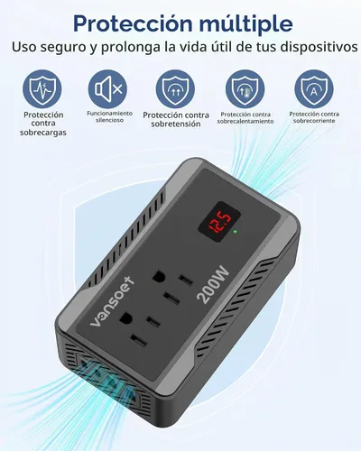 Vista 6 de Inversor de corriente de 200W para automóvil, DC 12V a 110V AC, convertidor con [PD 30W y 15W] USB C de carga rápida/3.0A, puertos de carga USB Negro