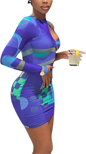 Vista 3 de Newbgclo Vestido sexy de manga larga para mujer, con bloques de color, ajustado, vestido cruzado de una sola pieza, vestido de fiesta de club