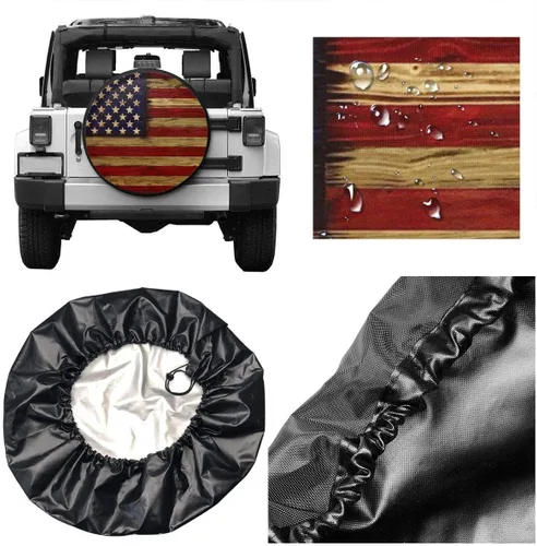Vista 5 de Cubierta de neumático Bandera Americana de madera recuperada de poliéster potable universal para rueda de repuesto para remolque, RV, SUV