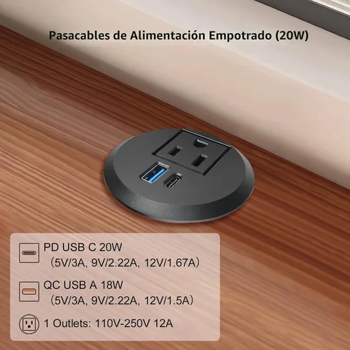Vista 2 de Ojal de alimentación empotrable de carga rápida USB-C de 20 W, toma de escritorio de montaje empotrado de 2 pulgadas con cable de extensión de 6.5