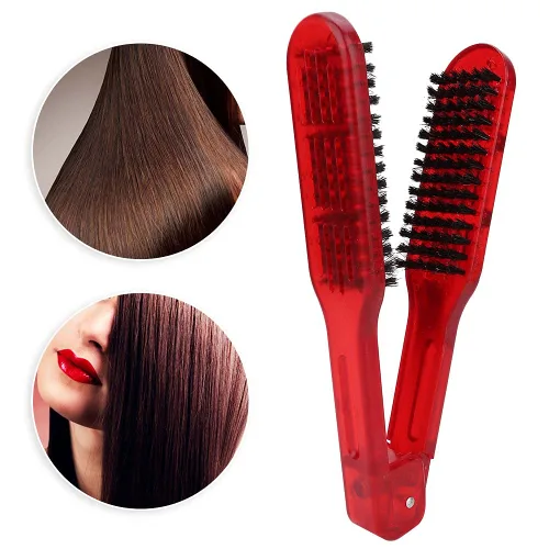 Vista 5 de Cepillo de doble cara, herramienta de peine para enderezar el cabello, herramientas en forma de V para peluquería casera [rojo]