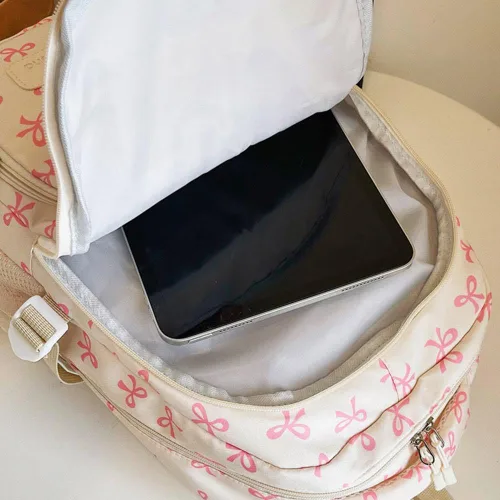 Vista 9 de Juego de 3 bolsas de mochila con lazo, lindo juego de mochila kawaii estética mochila con lazo con organizador integrado, Rosado, Tamaño único
