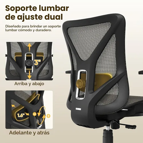 Vista 5 de Silla de oficina ergonómica, sillas de escritorio de malla para computadora con certificación BIFMA X5.1, soporte lumbar ajustable, brazo 3D