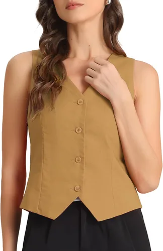 Vista 18 de Allegra K Chaleco para mujer, de verano, algodón, lino, sin mangas, con botones, cuello en V, totalmente forrado, chalecos recortados Negro