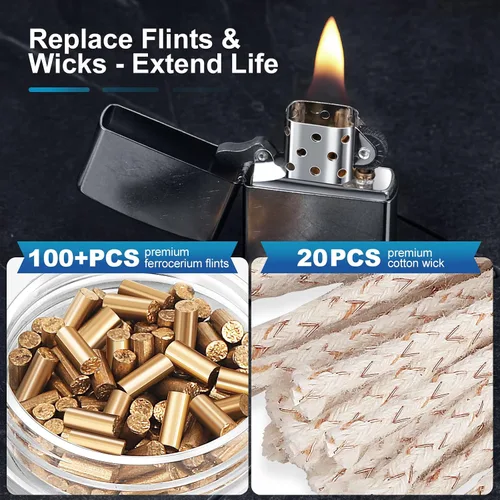 Vista 2 de Lighter Flints 100+ piezas y mechas de algodón 20 piezas, kit de reparación de encendedor de alta calidad, compatible con Zippo y Clipper