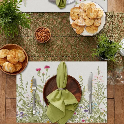 Vista 6 de Juego de 6 manteles individuales vintage con flores silvestres de 12 x 18 pulgadas, manteles individuales de tela de lino con plantas de jardín