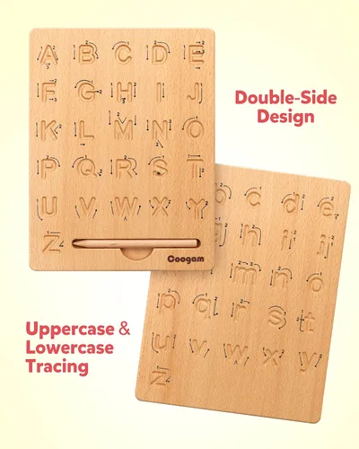 Vista 2 de Coogam Tabla de práctica de letras de madera, herramienta de rastreo del alfabeto de doble cara, herramienta de aprendizaje de escritura ABC, juego