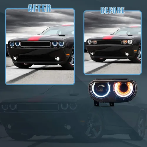 Vista 3 de Conjunto de faros delanteros VLAND Compatible con Dodge Challenger 2008-2014 3ra Gen Cupé, Normal