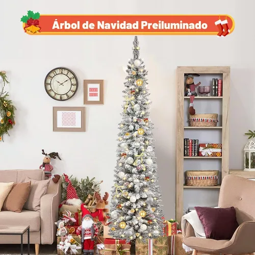 Vista 5 de Árbol de Navidad con nieve artificial, preiluminado con luces cálidas, abeto noble blanco esmerilado, árbol de Navidad artificial delgado