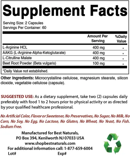 Vista 2 de Best Naturals L-Arginina NO Booster Triple Strength 1300 mg porción 120 cápsulas vegetales (120 unidades (paquete de 2))