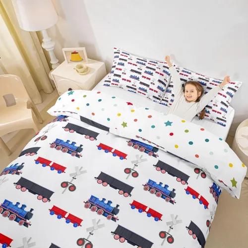 Vista 3 de Erosebridal Juego de funda de edredón de tren de dibujos animados para niños, color rojo y azul, funda de edredón de vehículos para niños