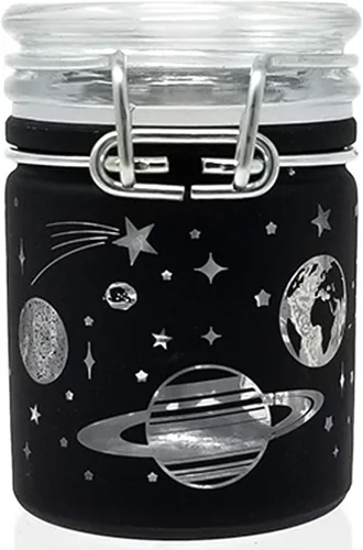 Vista 3 de Frasco hermético de vidrio para almacenamiento de hierbas con tapa de cierre hermético en variedad de diseños (Negro Esmerilado Galaxia)