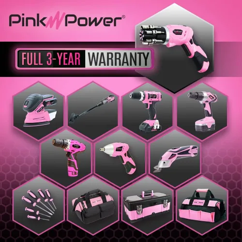 Vista 6 de Pink Power, taladro eléctrico de 4,8 Volt, recargable, juego de desarmadores con nivel de burbuja.