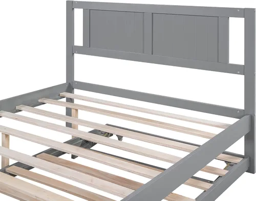 Vista 6 de Merax Cama de plataforma de madera de tamaño matrimonial con nido y cabecera ajustables, base de colchón/fácil montaje/soporte de listones de madera