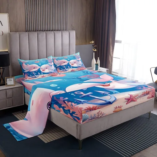 Vista 31 de Erosebridal Juego de sábanas de ballena náutica, tamaño individual, juego de ropa de cama vintage azul con ondas oceánicas para niños y niñas