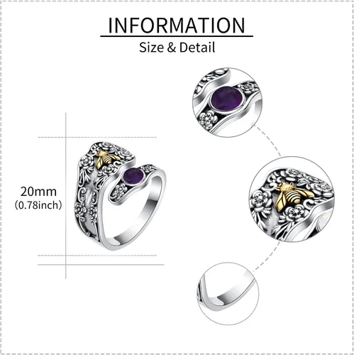 Vista 5 de Anillo de cuchara de plata de ley, anillos gruesos de abeja de oro para mujer, anillo de turquesa ajustable