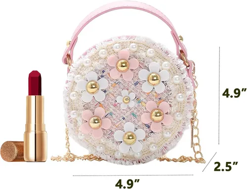 Vista 3 de sveter Bolso para niños para niñas, lindo bolso cruzado de flores para niños, juego de regalo de joyería de vestir de 3 piezas, Rosado, Casual