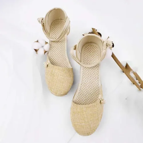 Vista 4 de Aniywn Sandalias de cuña retro con punta cerrada para mujer, con correa de hebilla, alpargatas para mujer