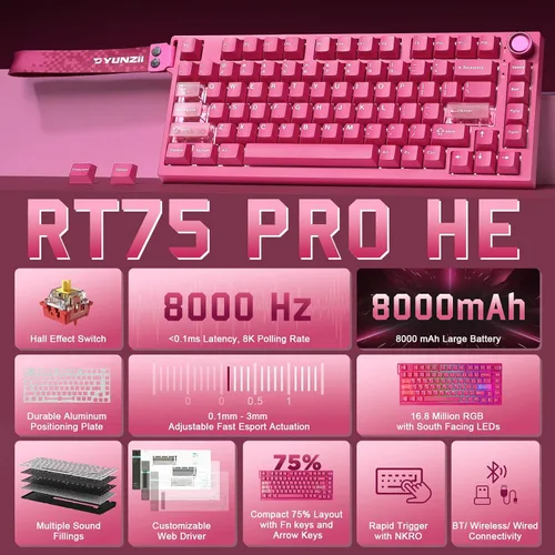 Vista 2 de YUNZII RT75 PRO Wireless Gaming Keyboard,Hall Effect Mechanical Rapid Trigger Magnetic Keyboard BluetoothUSB-C2.4G 8KHz Polling Rate &128K Scan,RGB
