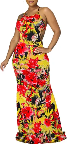 Vista 5 de Vestido largo de fiesta de noche con tirantes florales y espalda descubierta para mujer
