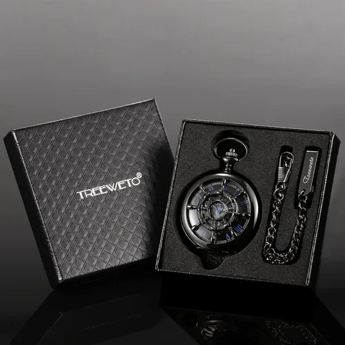 Vista 7 de Reloj de bolsillo para hombre y mujer con esfera de números romanos y doble cubierta de Treweto Negro