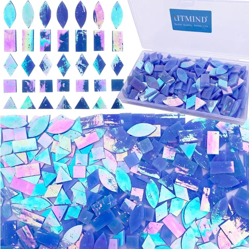 Vista 12 de LITMIND Azulejos de Mosaico de Vidrio Iridiscente Estilo Vitral para Manualidades, 240 Piezas 5 Formas Mixtas de Piezas de Vidrio de Mosaico, Kits