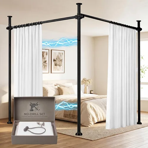 Vista 11 de Juego de cortinas divisoras de habitación, sin taladro, con barra retráctil, sin herramientas, para dormitorio, color beige, 100 pulgadas de ancho x