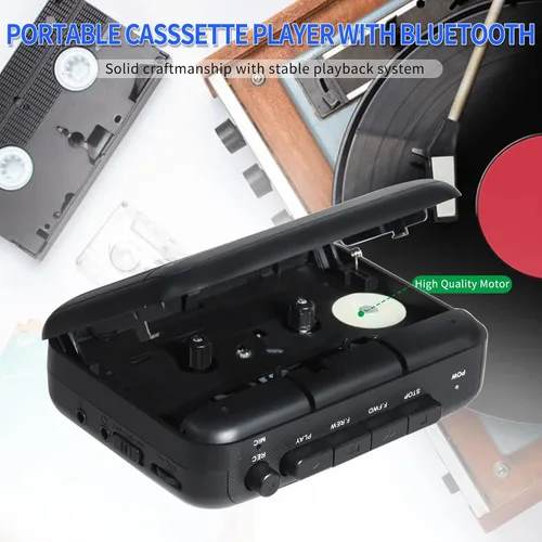 Vista 5 de Grabadora de casete con transmisor Bluetooth, reproductor de cinta de casete pequeño con conector para auriculares, altavoz integrado, conector