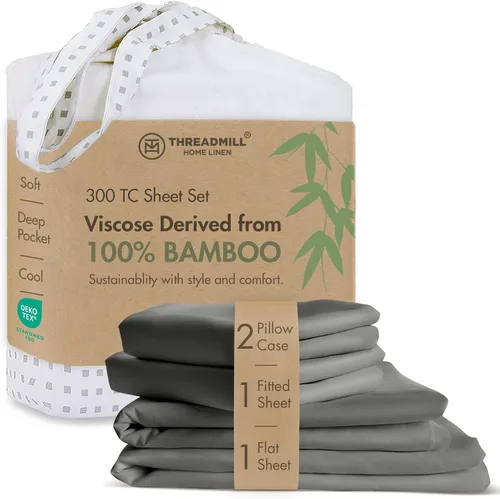 Vista 9 de Threadmill Juego de sábanas de rayón de bambú para cama de tamaño matrimonial, 4 piezas refrescantes color beige, suaves como la seda, ligeras