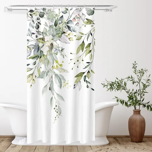 Vista 107 de Tititex - Juego de cortinas de ducha de eucalipto negro, hojas de acuarela gris en la parte superior, con decoración floral de baño, 60 x 72
