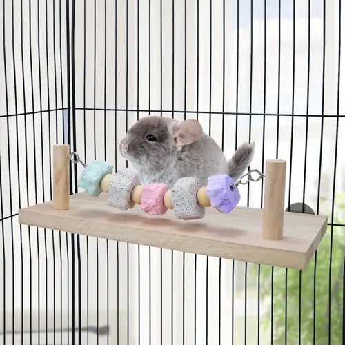 Vista 4 de Wontee Plataforma de soporte de madera con juguetes de molienda Soporte de perca de pájaro para periquitos, cacatúas, conures, ratas, jerbos