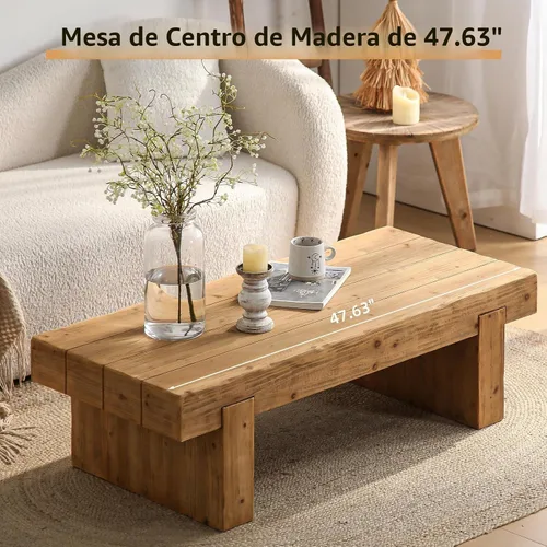Vista 4 de SSLine Mesa de Centro de Madera Maciza de 47.6 Pulgadas Mesa de Centro Rectangular para Sala de Estar, Mesas de Centro de Cóctel Estilo Granja
