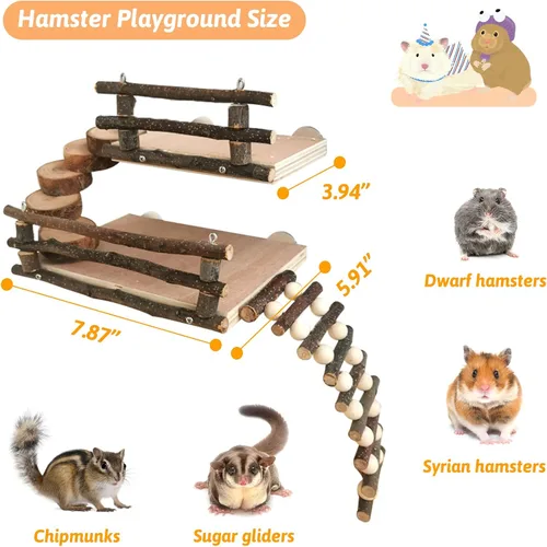 Vista 2 de Fhiny Juguetes de escalada de hámster, plataforma de actividad de madera de 2 capas con puente colgante para patio de recreo, accesorios de jaula