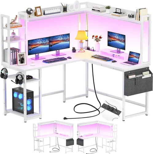 Vista 8 de Aheaplus Escritorio en forma de L con toma de corriente, escritorio para juegos en forma de L con luz LED y alacena, escritorio reversible