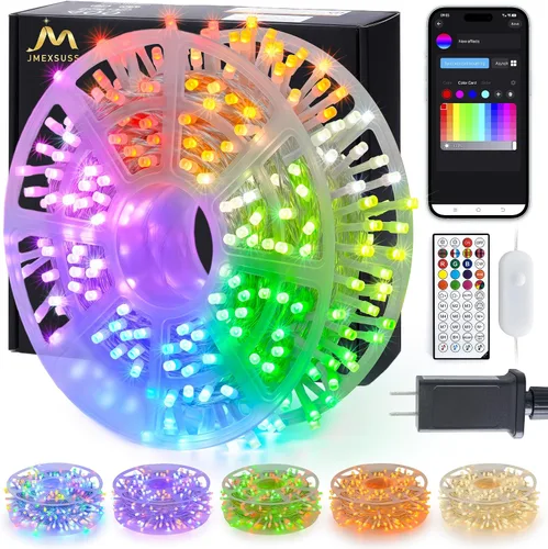 Vista 38 de JMEXSUSS 150 luces LED azules de Navidad para interiores y exteriores, luces de cadena conectables de 59 pies con enchufe, 8 modos de luces de hadas