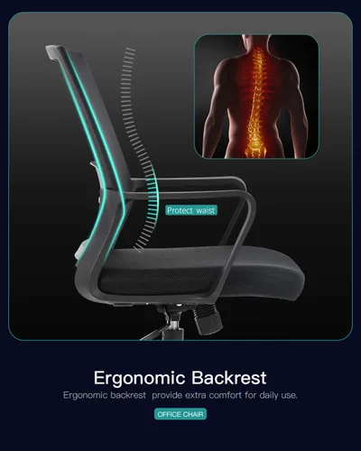 Vista 6 de Silla de oficina ergonómica de escritorio, silla de computadora con respaldo medio, reposabrazos de soporte lumbar, silla de malla transpirable