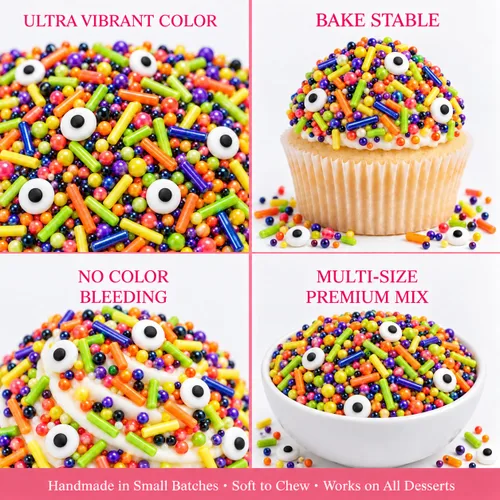 Vista 2 de Confect Mezcla de espolvorear de Halloween – Bolas de discoteca blancas, naranjas, moradas, negras y verdes, ojos de caramelo y jimmies – Gránulos
