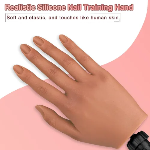 Vista 2 de Mano de práctica para uñas acrílicas, mano de práctica de uñas de silicona con soporte de soporte, práctica de uñas flexible y flexible, maniquí