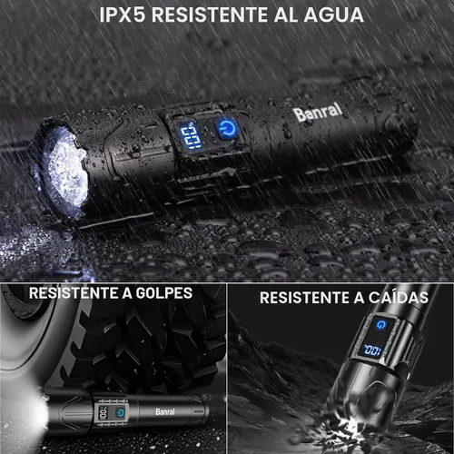 Vista 9 de Linternas tácticas recargables Banral de 2000 lúmenes altos - 5000mAh súper brillantes, linterna LED potente impermeable, linterna USB C portátil