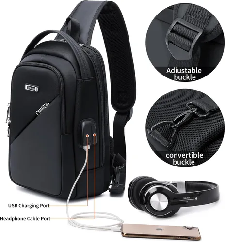 Vista 11 de DUSLANG Mochila de hombro para senderismo, bolsa cruzada para hombres, bolsas de pecho con puerto de cargador USB para campamento casual, ciclismo
